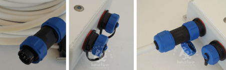 Conectores Weipu IP68 para el cable de alimentación y para el anemómetro.